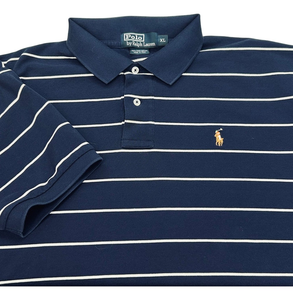 Polo Ralph Lauren Polo Shirt Mens XL Pima Navy Blue White Striped Preppy Golf